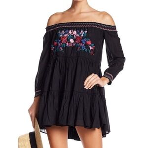 Free People Sunbeams Embroidered Floral Smocked Black Off-Shoulder Mini Dress